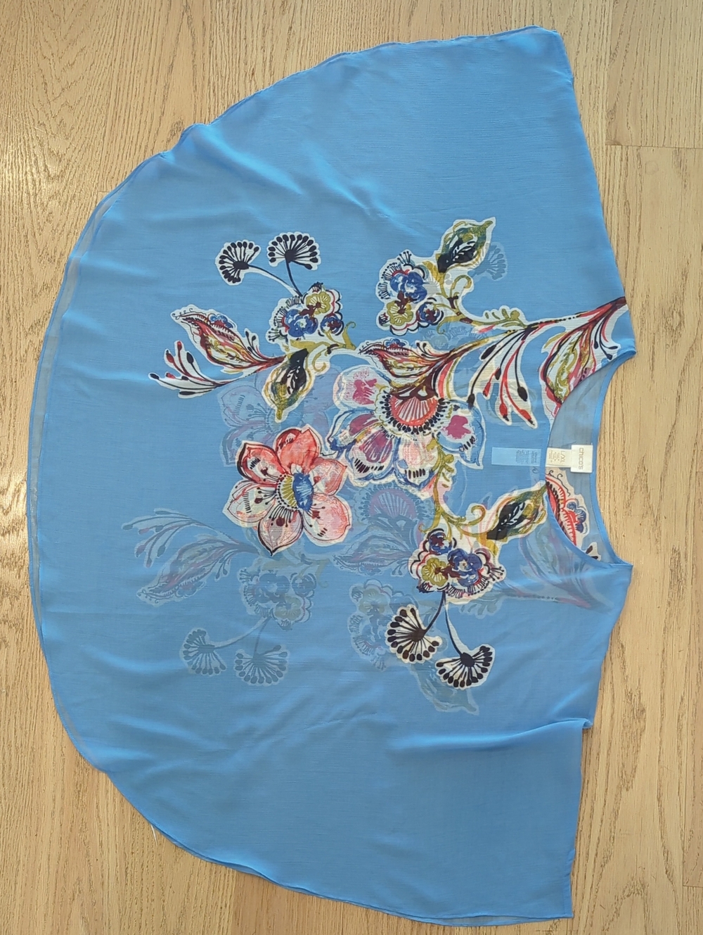 Chico's Watercolor Floral Sheer Poncho Blouse Top Sky Blue L XL - Picture 3 of 14